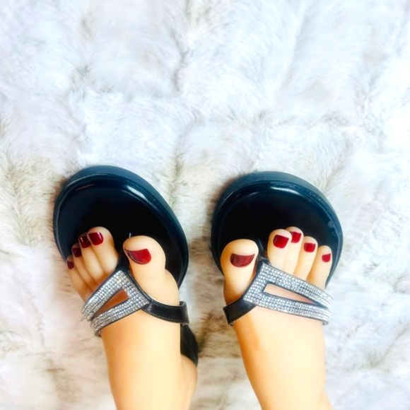 Mata Slip On Summer Flats Rhinestone Black Sandals - Picture 5 of 8